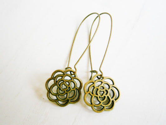 Antique Bronze Filigree Flower On Long Antique Bronze Kidney Wire Earring Hooks/Dangle Earrings/Boho Earrings.