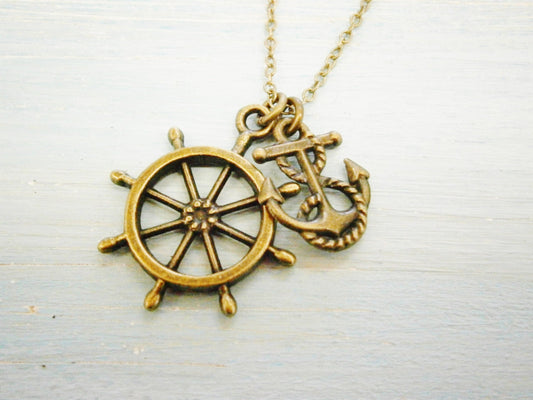 Antique Bronze Small Ship Wheel Charm & Mini Anchor Charm/Boho Necklace/Nautical Necklace