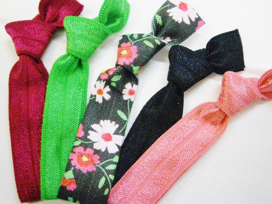 Midnight Floral - Set of 5 Solid Color and Patterned Hair Ties by Crimson Rose Cottage/Boho Elastic Hair Tie/Boho Soft Bracelet/Hair Tie