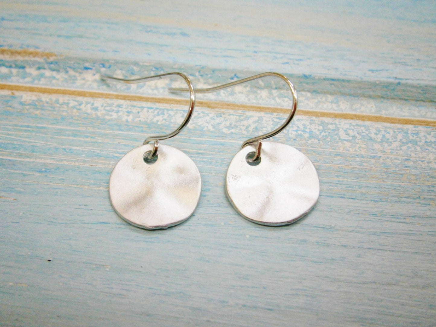 Matt Rhodium Plated Hammered Coin Pendant On Rhodium Plated French Earring Hooks/Dangle Earrings/Nature Earrings/Bird Earrings