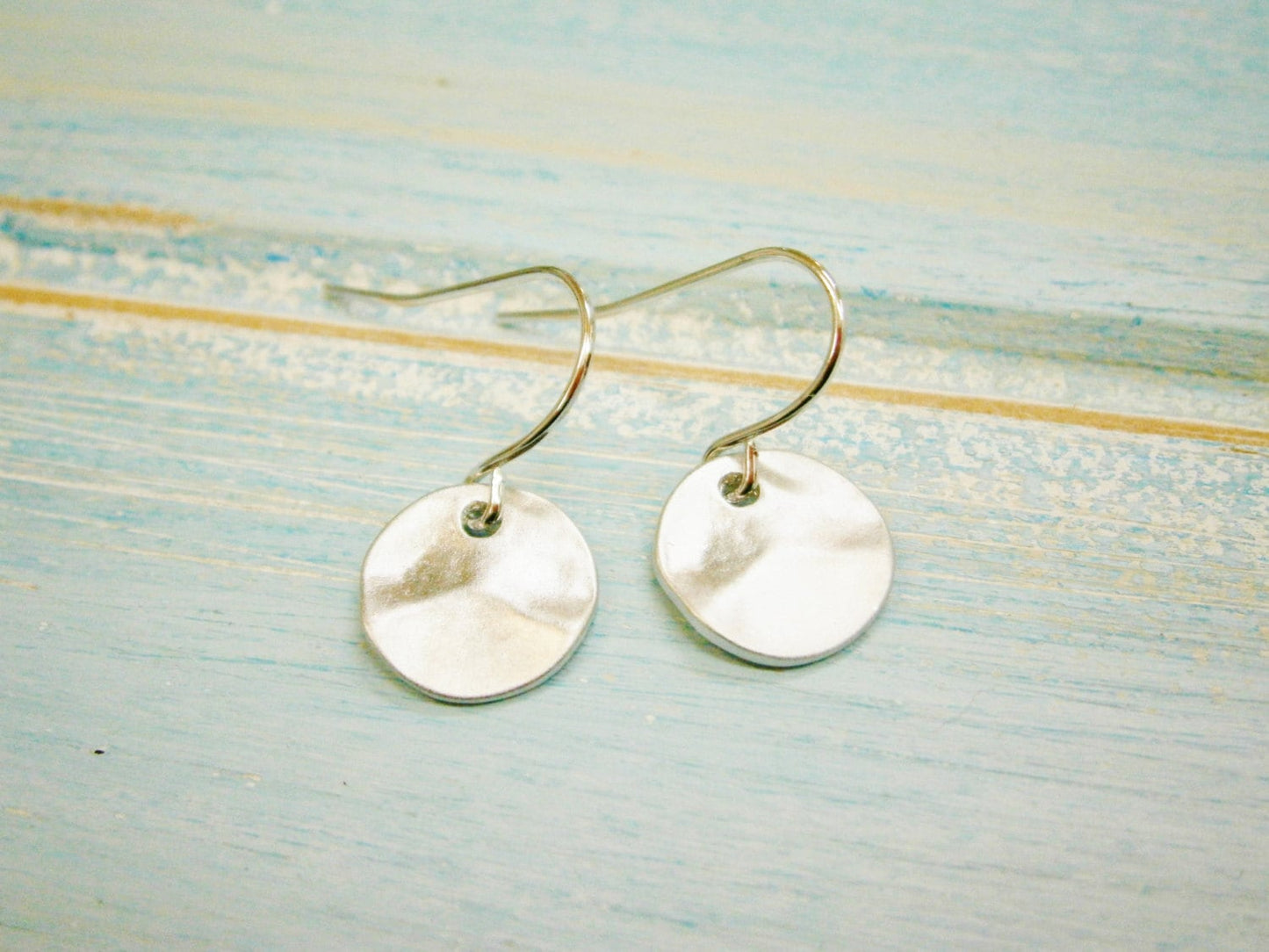 Matt Rhodium Plated Hammered Coin Pendant On Rhodium Plated French Earring Hooks/Dangle Earrings/Nature Earrings/Bird Earrings