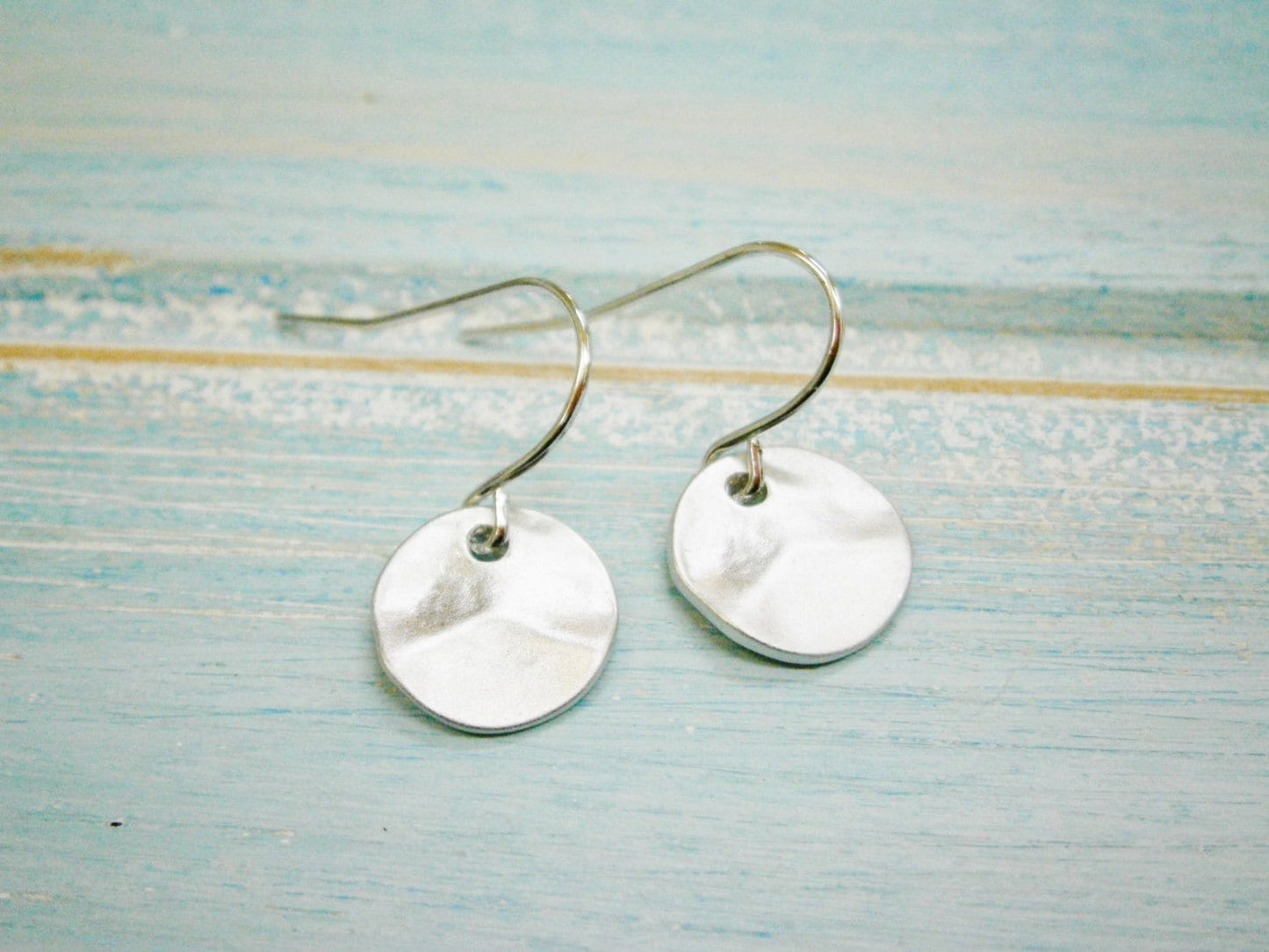 Matt Rhodium Plated Hammered Coin Pendant On Rhodium Plated French Earring Hooks/Dangle Earrings/Nature Earrings/Bird Earrings