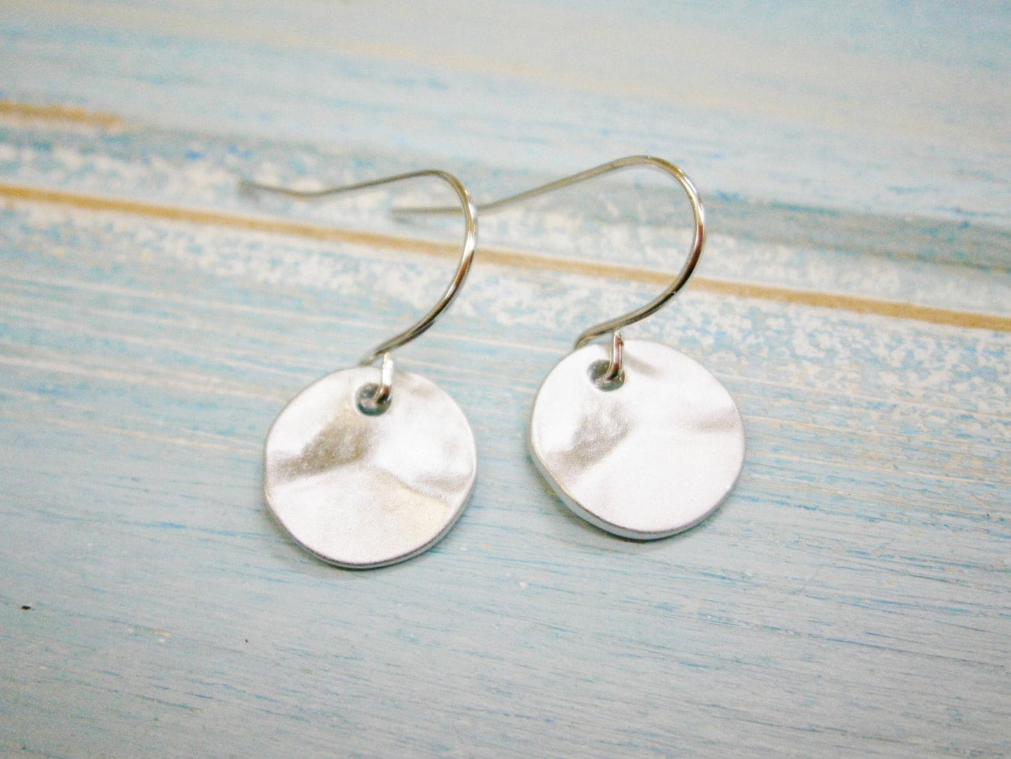 Matt Rhodium Plated Hammered Coin Pendant On Rhodium Plated French Earring Hooks/Dangle Earrings/Nature Earrings/Bird Earrings