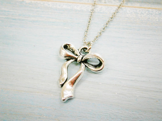 Antique Silver Ribbon Bow Charm Necklace/Boho Necklace/Bridesmaids Gifts/Charm Necklace