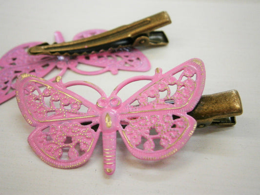 Soft Pink Hand Painted Patina Antique Bronze Butterfly Filigree Shabby Chic Alligator Hair Clip/Boho Hair Clip/Rustic Butterfly Hair Clip.