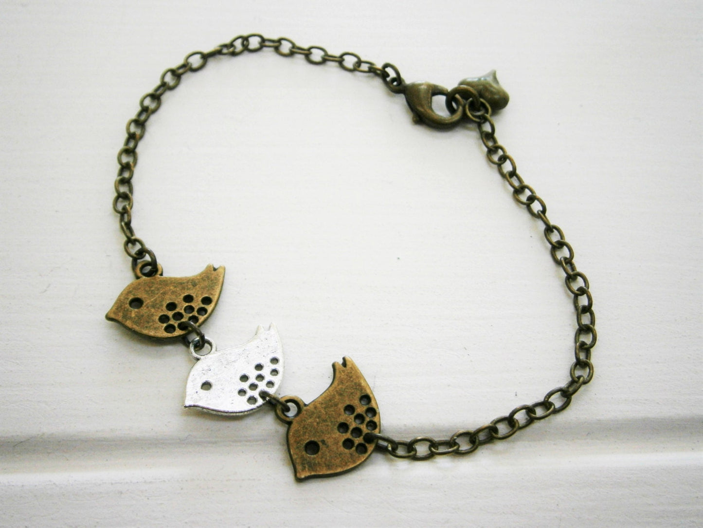Antique Bronze & Silver Plated Three Sparrow Bird Charm Bracelet/Boho Bracelet/Nature Inspired Bracelet/Woodland Jewelry/Wedding Jewelry