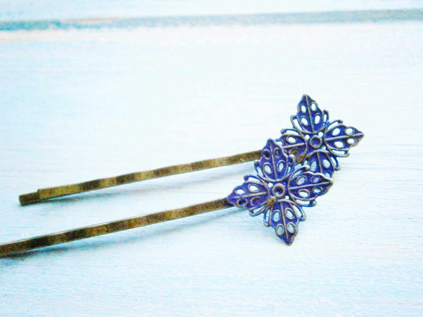 Cobalt Blue Filigree Patina Antique Bronze Bobby Pins Set of Two/Bohemian Hair Clips/Shabby Chic Hair Clips/Bobby Pins/Vintage Style