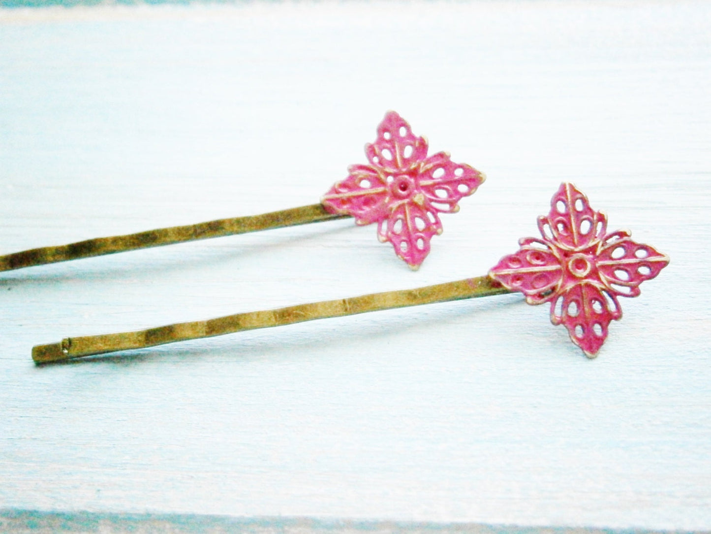 Hot Pink Filigree Patina Antique Bronze Bobby Pins Set of Two/Hair Clips/Bohemian Hair Clips/Shabby Chic Hair Clips/Bobby Pins/Vintage Style
