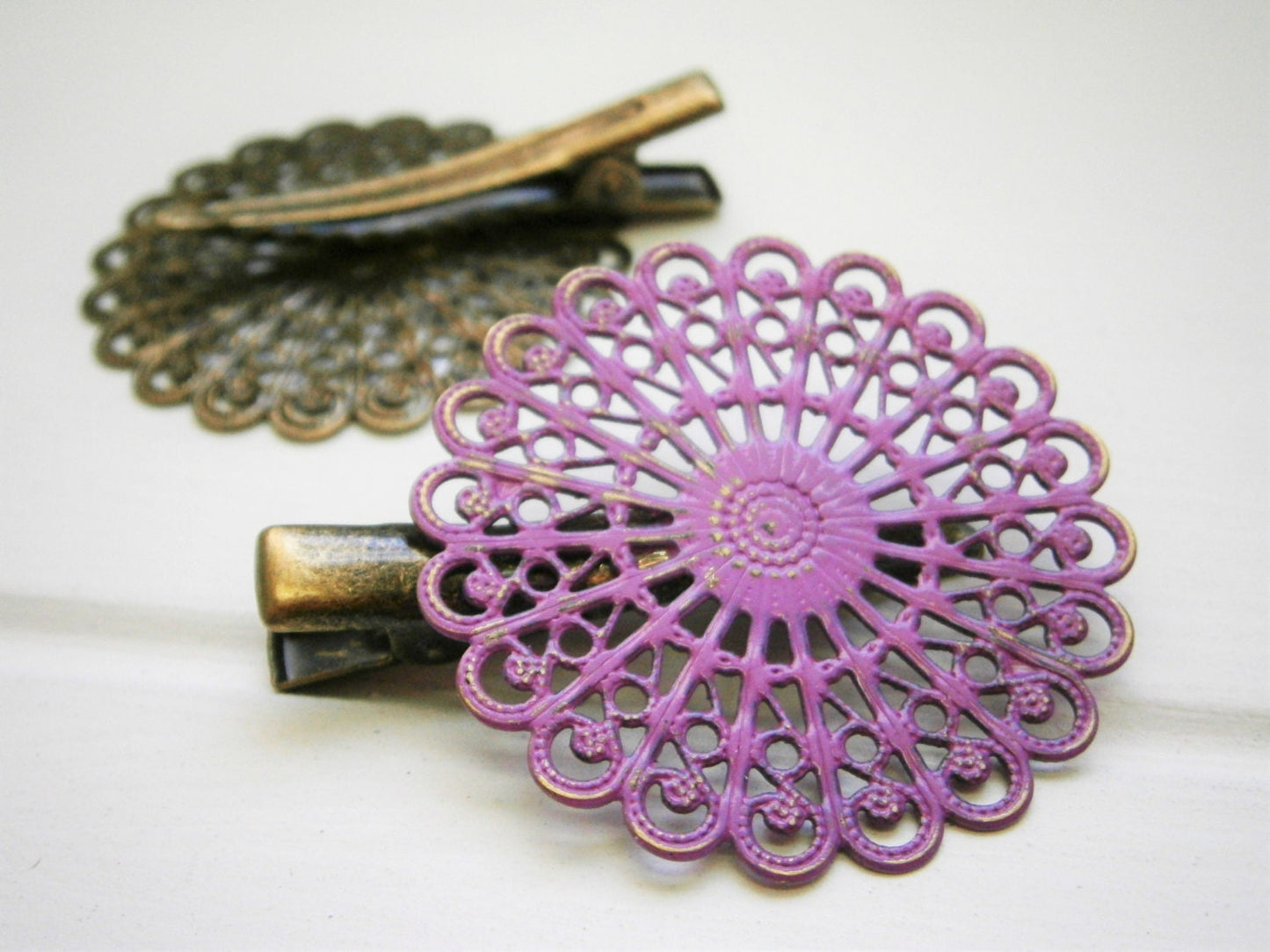 Purple Hand Painted Patina Antique Bronze Round Filigree Shabby Chic Alligator Hair Clip/Boho Hair Clip/Rustic Hair Clip.