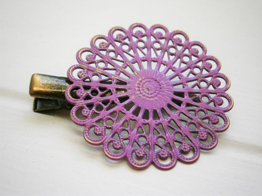 Purple Hand Painted Patina Antique Bronze Round Filigree Shabby Chic Alligator Hair Clip/Boho Hair Clip/Rustic Hair Clip.
