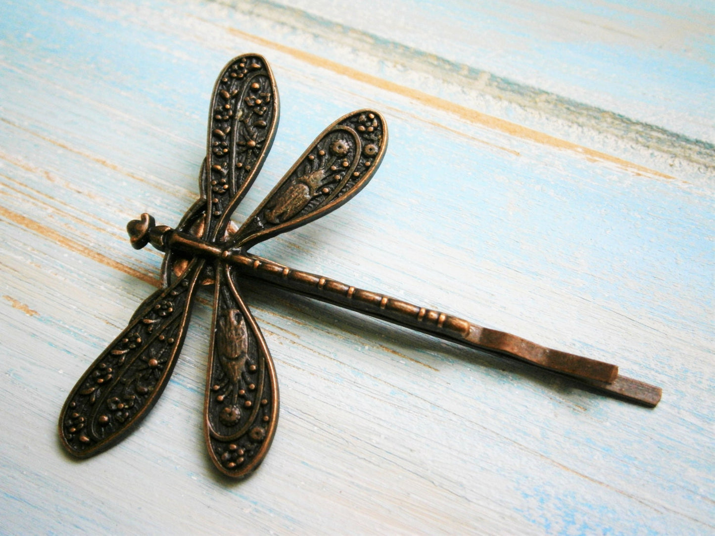 One Red Copper Plated Dragonfly Bobby Pin, Dragonfly Hair Clip, Boho Hair Clip, Boho Hair Accessory, Wedding Hair Accessory