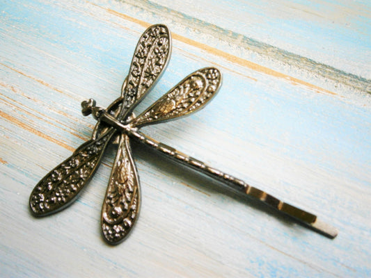 One Gunmetal Black Plated Dragonfly Bobby Pin, Dragonfly Hair Clip, Boho Hair Clip, Boho Hair Accessory, Wedding Hair Accessory