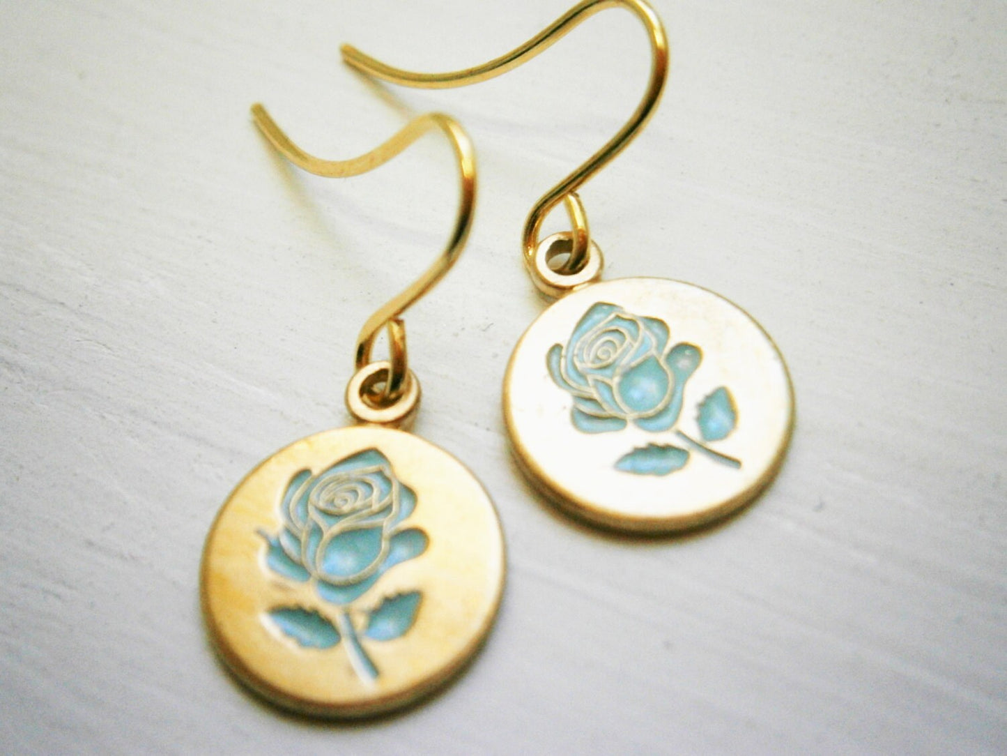 Vintage Style Blue Rose Brass Disc Charm Pendant On Gilt Plated French Earring Hooks/Dangle Earrings/Rose Jewelry/Bridal Jewelry