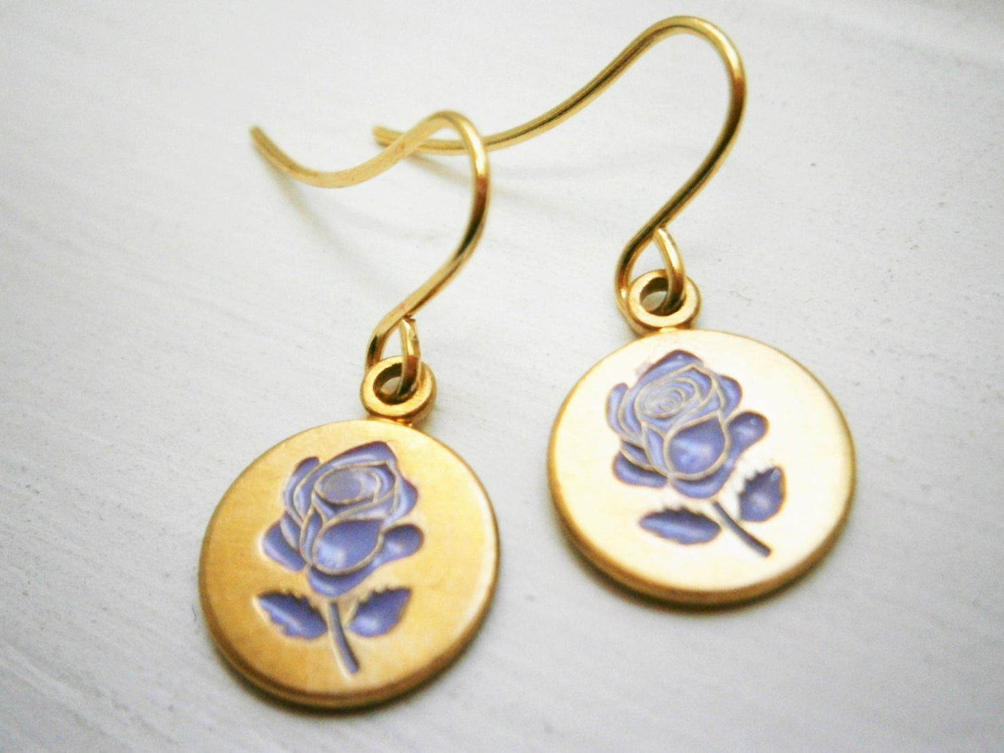 Purple Rose Vintage Style Brass Disc Charm Pendant On Gilt Plated French Earring Hooks/Dangle Earrings/Rose Earrings/Bridal Jewelry