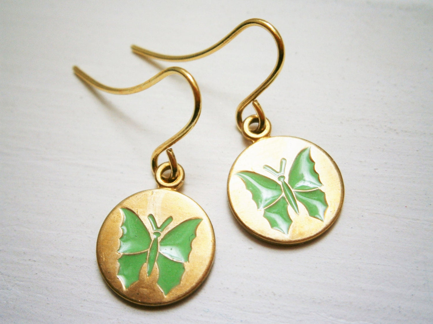 Green Butterfly Vintage Style Brass Disc Charm Pendant On Gilt Plated French Earring Hooks/Dangle Earring/Butterfly Earrings/Nature Earrings