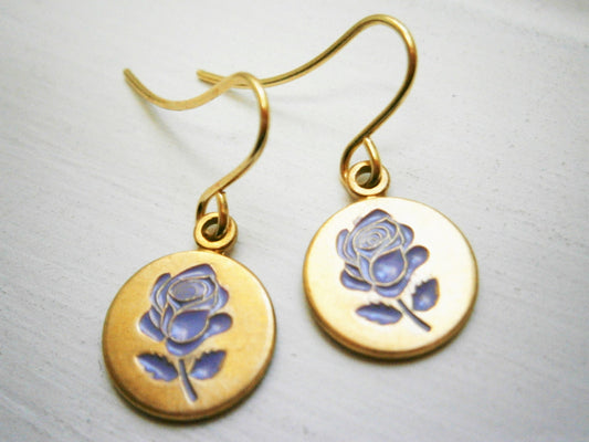 Purple Rose Vintage Style Brass Disc Charm Pendant On Gilt Plated French Earring Hooks/Dangle Earrings/Rose Earrings/Bridal Jewelry