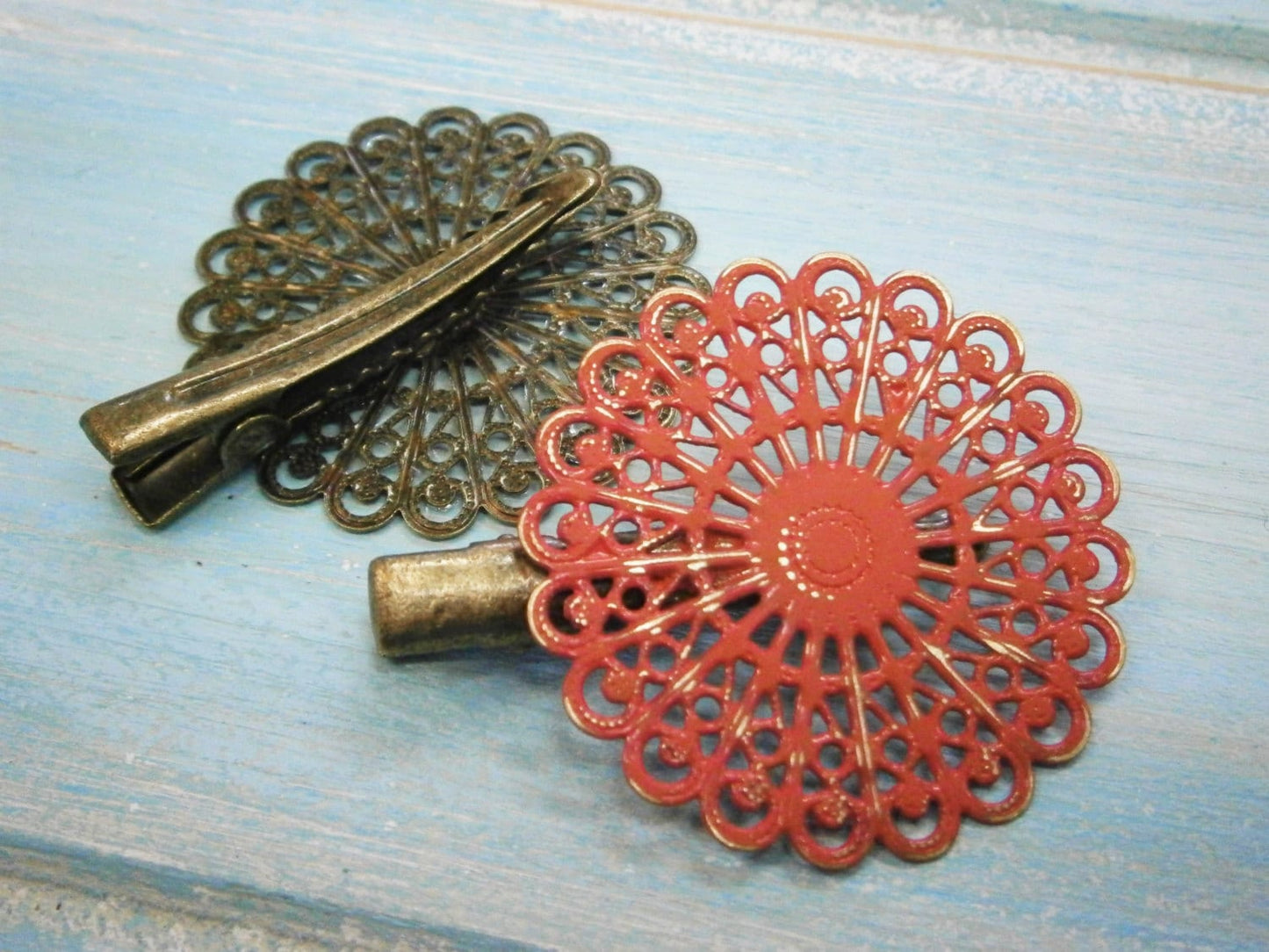 Red Hand Painted Patina Antique Bronze Round Filigree Shabby Chic Alligator Hair Clip/Boho Hair Clip/Rustic Hair Clip.