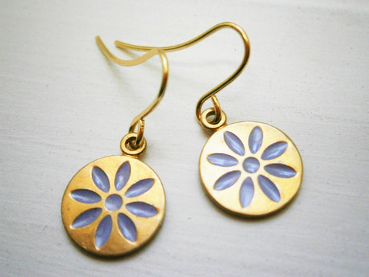 Purple Daisy Vintage Style Brass Disc Charm Pendant On Gilt Plated French Earring Hooks/Dangle Earrings/Daisy Earrings/Bridal/Boho Style