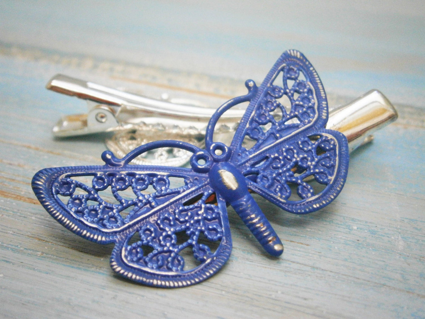 Cobalt Blue Hand Painted Patina Silver Plated Butterfly Filigree Shabby Chic Alligator Hair Clip/Boho Hair Clip/Rustic Butterfly Hair Clip.