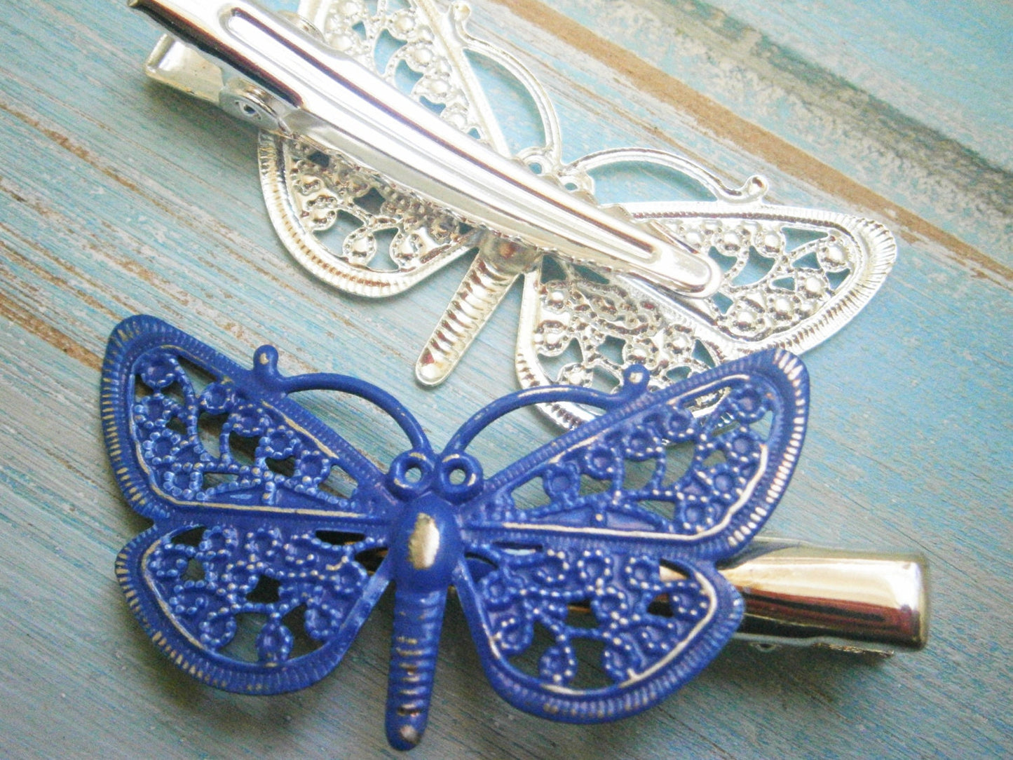 Cobalt Blue Hand Painted Patina Silver Plated Butterfly Filigree Shabby Chic Alligator Hair Clip/Boho Hair Clip/Rustic Butterfly Hair Clip.
