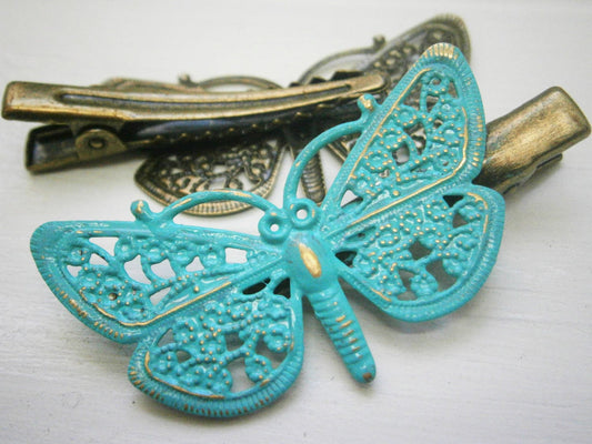 Verdigris/Turqouise Hand Painted Patina Antique Bronze Butterfly Filigree Shabby Chic Alligator Hair Clip/Boho Hair Clip/Rustic Hair Clip.