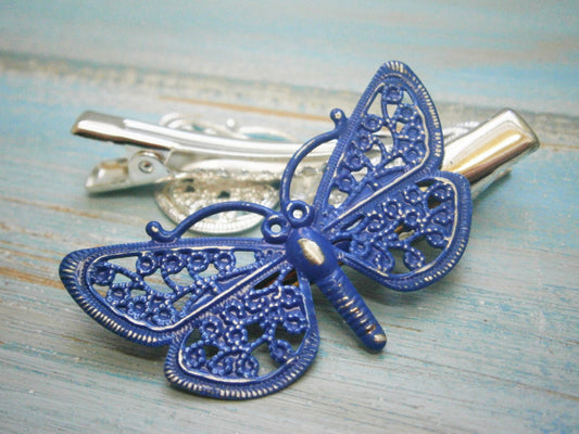 Cobalt Blue Hand Painted Patina Silver Plated Butterfly Filigree Shabby Chic Alligator Hair Clip/Boho Hair Clip/Rustic Butterfly Hair Clip.