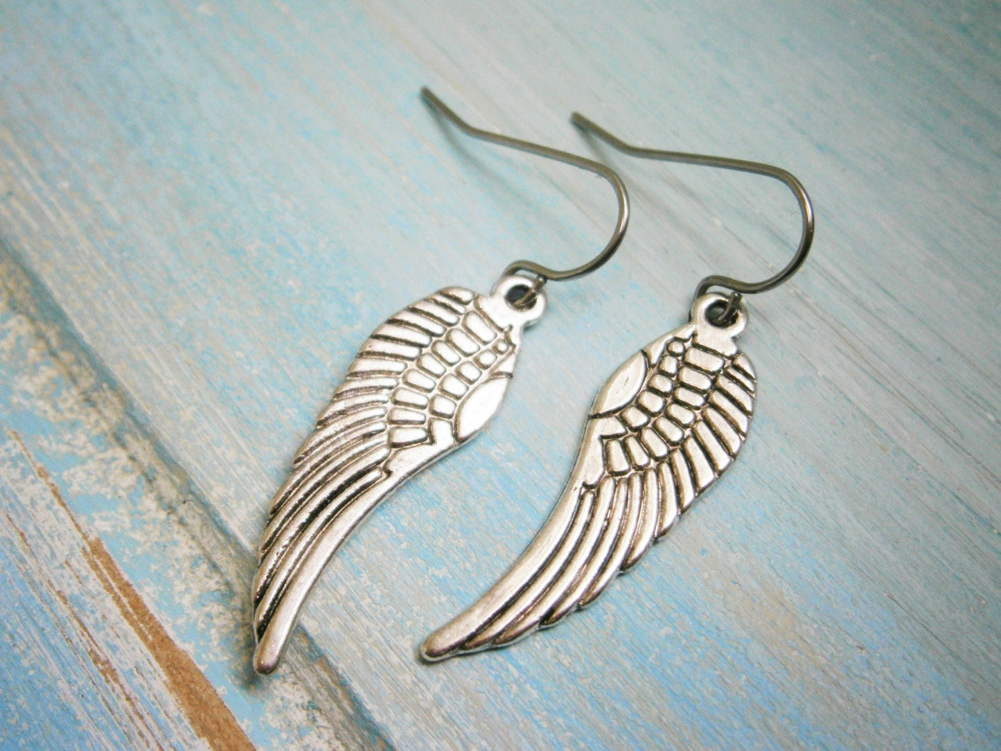 Angel Wing Antique Silver Charm On Stainless Steel French Earring Hooks/Dangle Earrings.