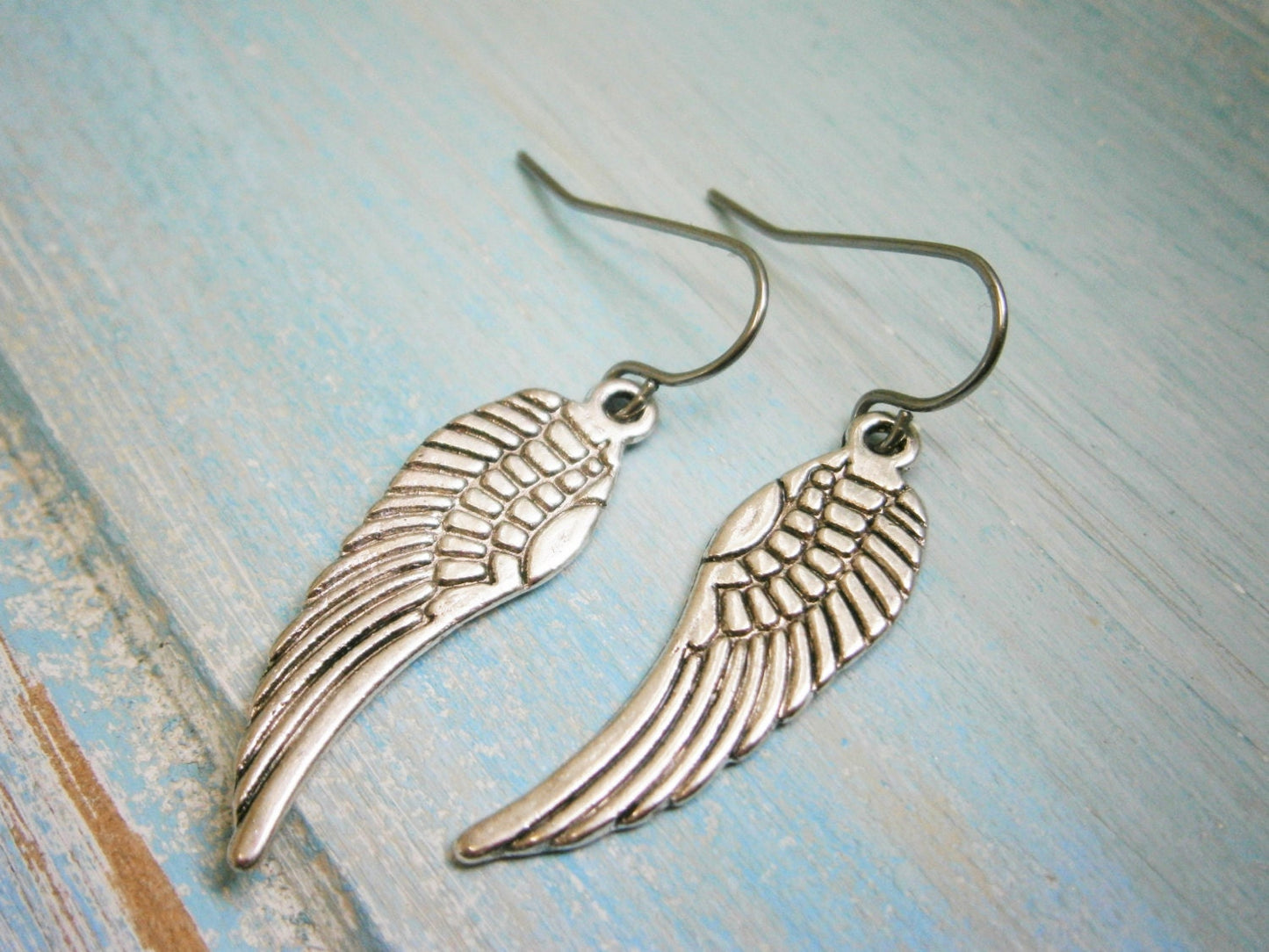 Angel Wing Antique Silver Charm On Stainless Steel French Earring Hooks/Dangle Earrings.